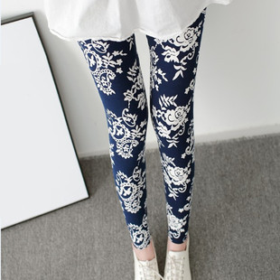 柔软小脚裤 春季 女弹力牛奶丝显瘦小脚裤 打底裤 复古青花瓷薄款