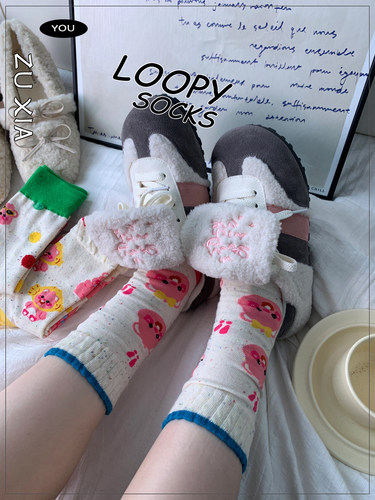 露比袜子中筒袜子女loopy小海狸卡通可爱粉色堆堆袜ins纯棉不勒脚