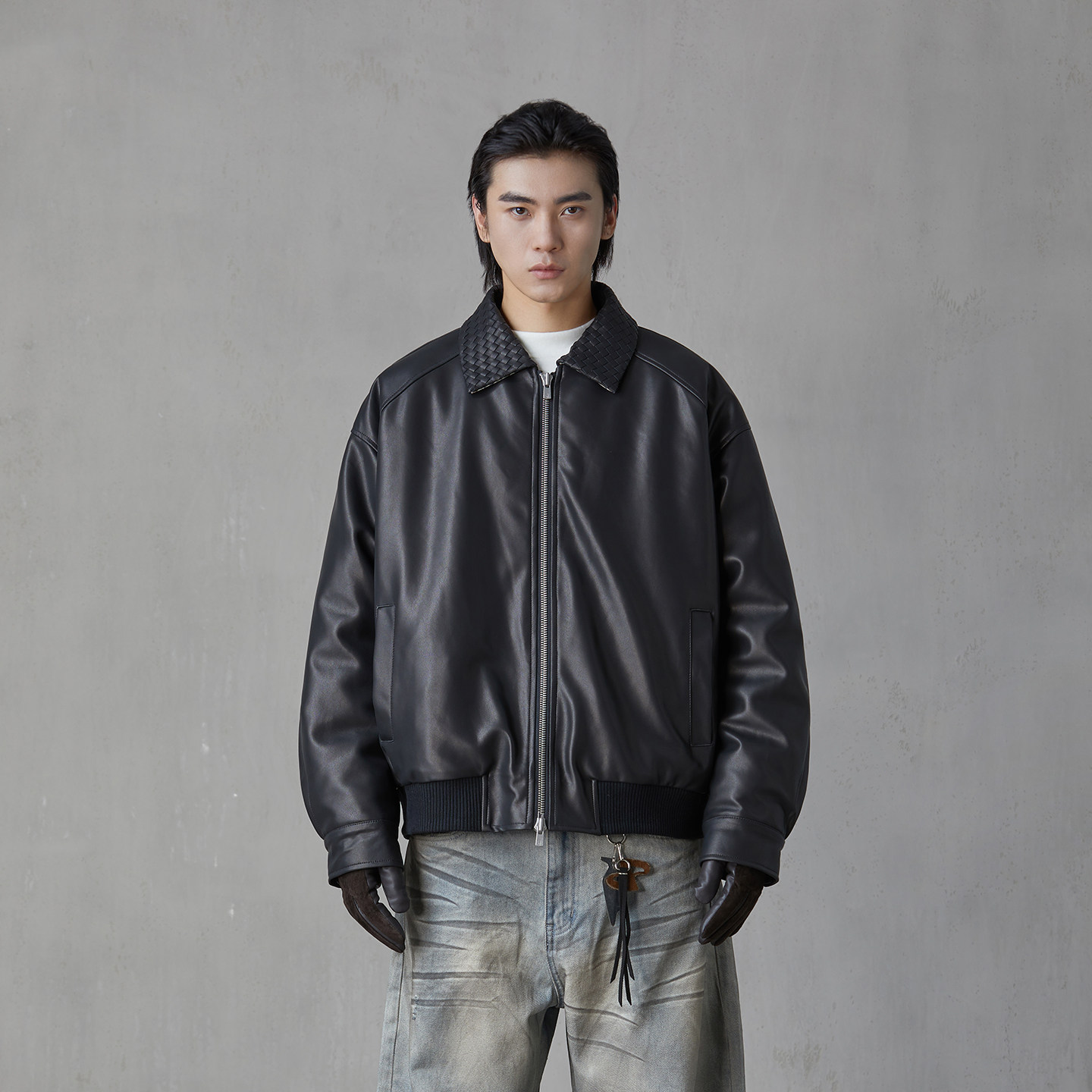 hebbles/亨佰仕真皮羽绒服冬季新款编织领翻领白鸭绒羽绒外套男士