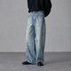 HEBBLES磨破喷脏泼墨水洗小众设计感宽松直筒阔腿牛仔裤 子男