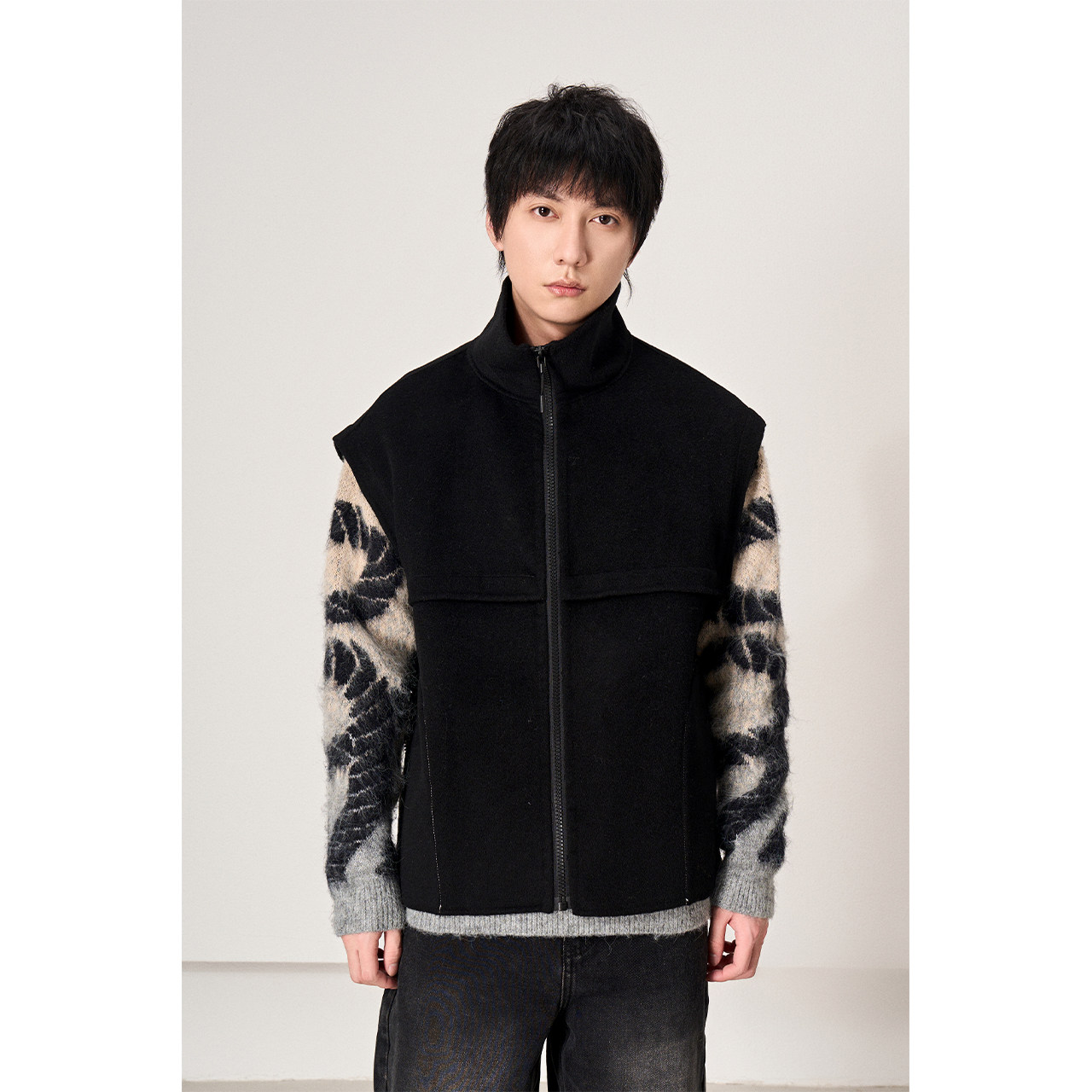 HEBBLES/秋冬叠搭设计感坎肩100%澳洲美利奴全羊毛双面呢立领马甲