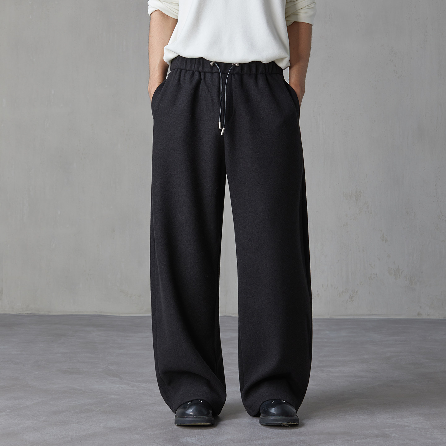 hebbles/亨佰仕韩式潮流休闲裤新款羊毛阔腿裤宽松抽绳松紧腰直筒