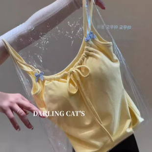 小鸡奶黄色系带蝴蝶结背心女夏外穿修身显瘦少女甜美bm芭蕾风上衣