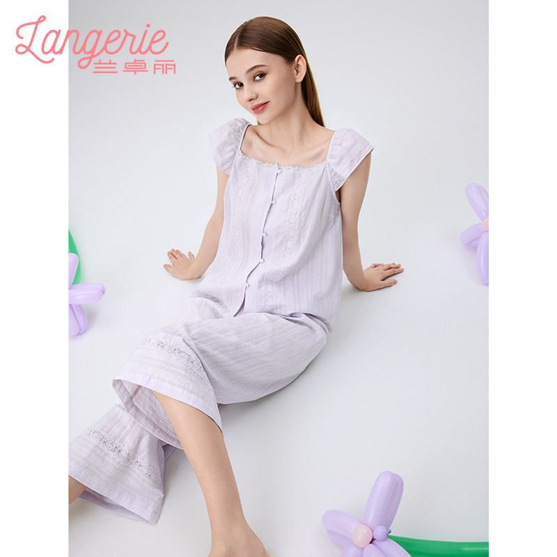 兰卓丽春夏家居服女睡衣套装100%纯棉休闲宽松九分裤短袖慵懒风