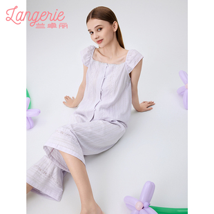 兰卓丽春夏家居服女睡衣套装100%纯棉休闲宽松九分裤短袖慵懒风