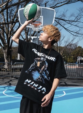 AONE4SURE 忍者龙剑传游戏Ninja印花宽松黑色纯棉300g圆领短袖T恤