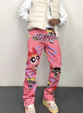 AONE4SURE小鬼张家衣NBA小乌布雷同款飞天小女警爱心男女牛仔长裤