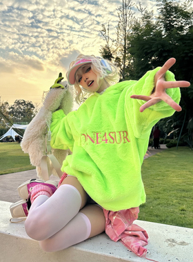 AONE4SURE 仿兔毛绒连帽卫衣刺绣Logo荧光双色原创街头宽松秋冬