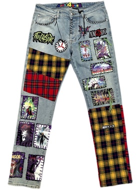 AONE4SURE Rockstar Jeans 纯手工贴布补丁蓝色修身弹性牛仔裤