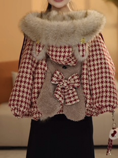 女童冬季2026新款韩版连帽加厚加绒外套亲子保暖可爱兔子草草棉服