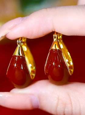 欧美风复古喜庆红色滴釉提篮耳扣女高级感洋气显瘦韩系百搭耳饰女