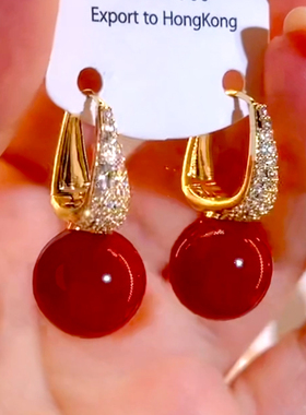 法式复古红色相思豆吊坠耳饰耳扣2023年新款潮港风满钻时尚耳扣