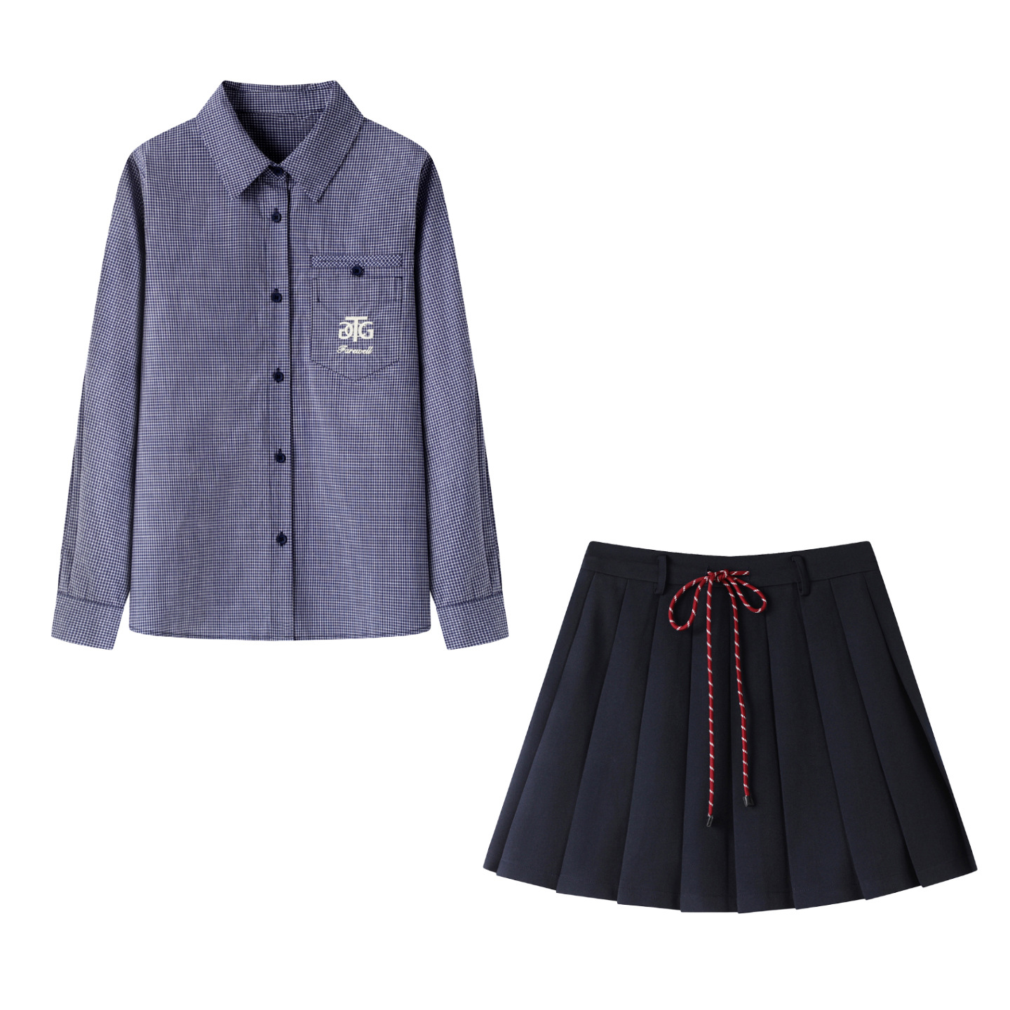 学院风复古长袖格子衬衫女+高腰显瘦短款百褶半身裙套装女C85A331