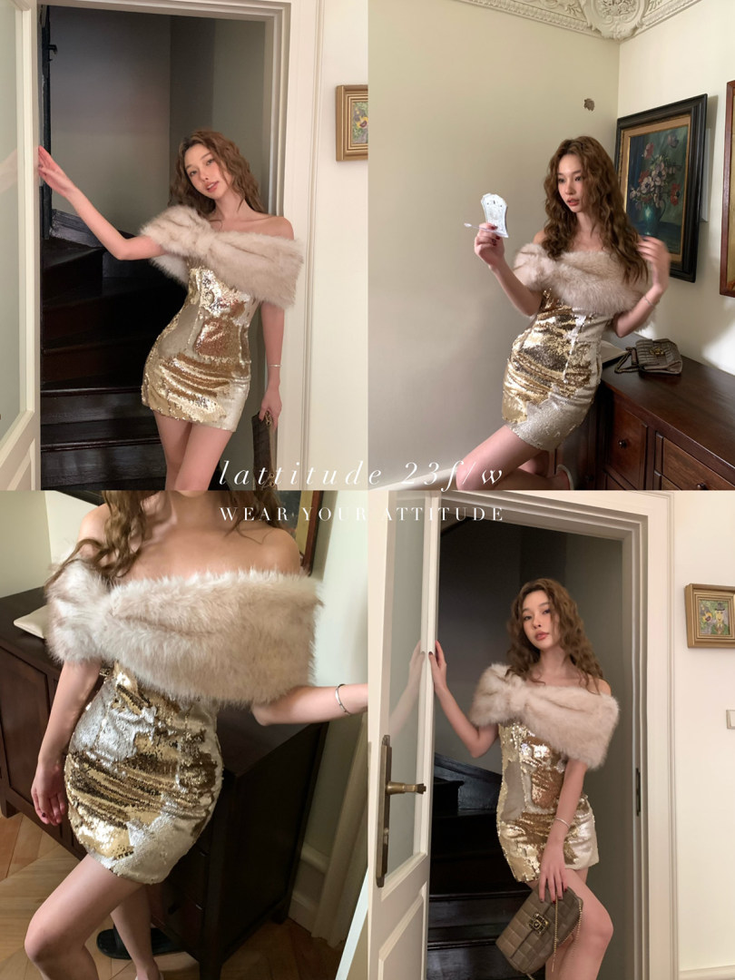 Woman wearing a gold sequin off-shoulder mini dress with a fur wrap
