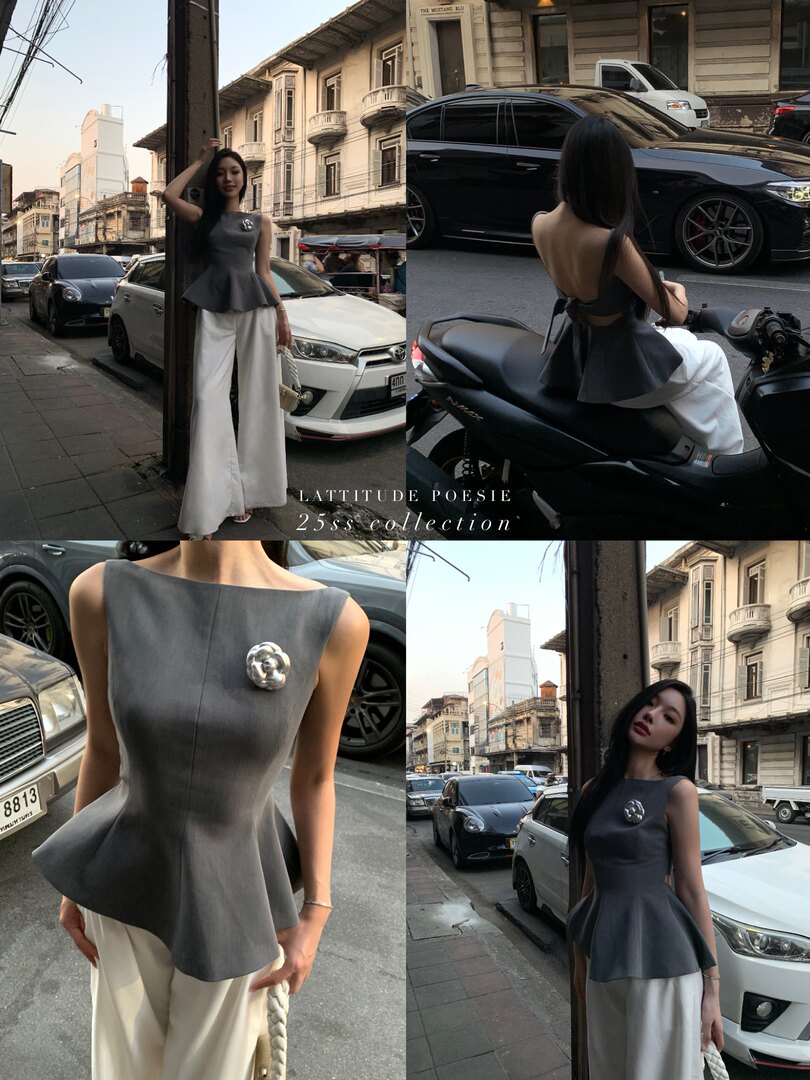 Model wearing a dark gray peplum sleeveless top with white wide-leg pants in a fashion lookbook collage