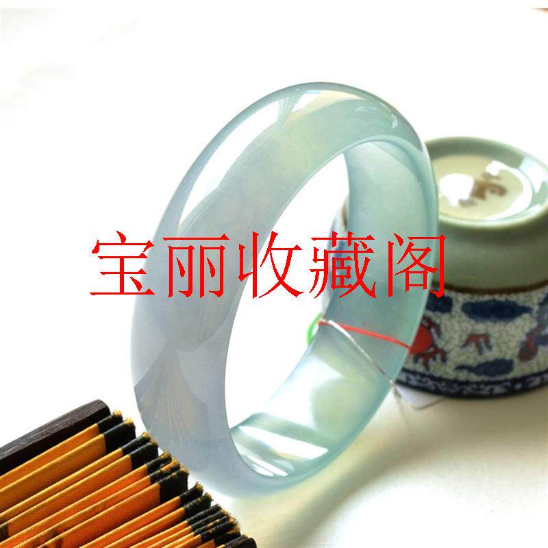 高端缅甸翡翠色手镯冰种飘蓝花玉镯冰透水润湖水绿浅青色美人玉镯