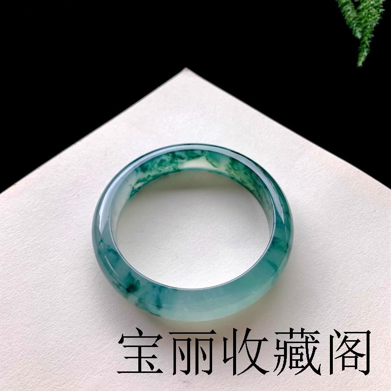 冰种飘花翡翠色手镯缅甸老坑正圈圆条贵妃玻璃种翡翠色玉镯处理玉