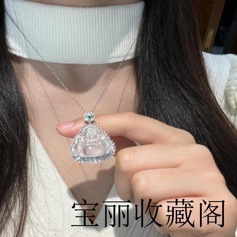 冰种佛公吊坠翡翠色玻璃种镶嵌项链颈饰玉挂件高冰种弥勒佛毛衣链
