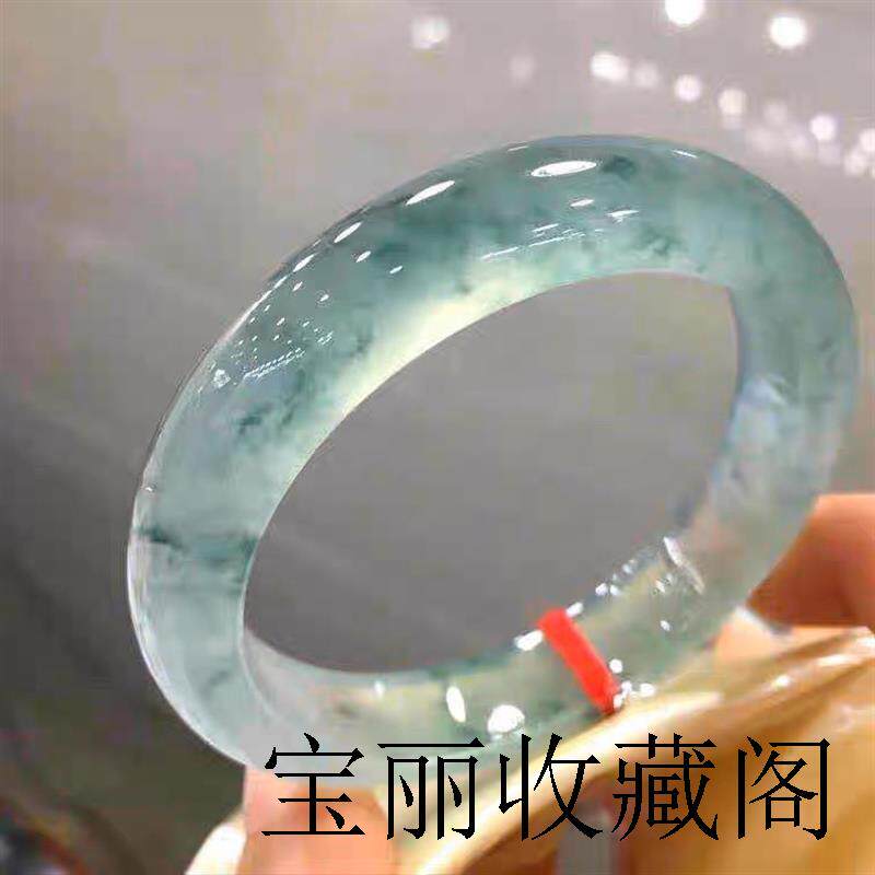 缅甸老坑冰种飘花翡翠色手镯圆条宽镯子晴水吊坠女款贵妃飘绿玉镯
