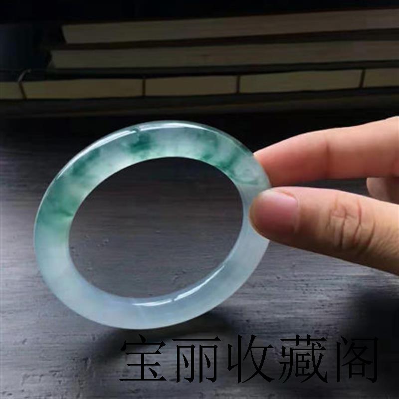 缅甸之行翡翠色冰种飘花冰糯翡翠色手镯玉镯子圆条女生礼物送人款