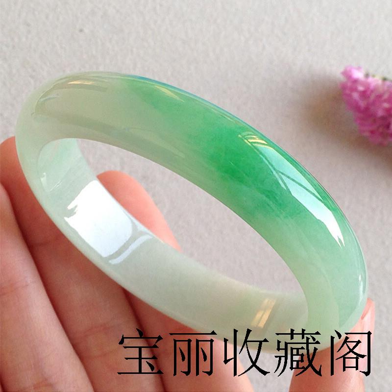 冰种油青飘花翡翠色玉手镯辣绿贵妃手镯玉阳绿翡翠色玉镯女款精品