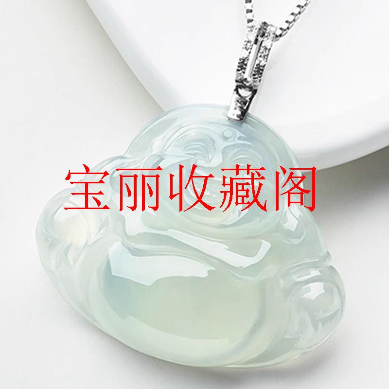 缅甸翡翠色玉佛吊坠白冰透佛公挂坠晴水飘花女款弥勒佛项链毛衣链
