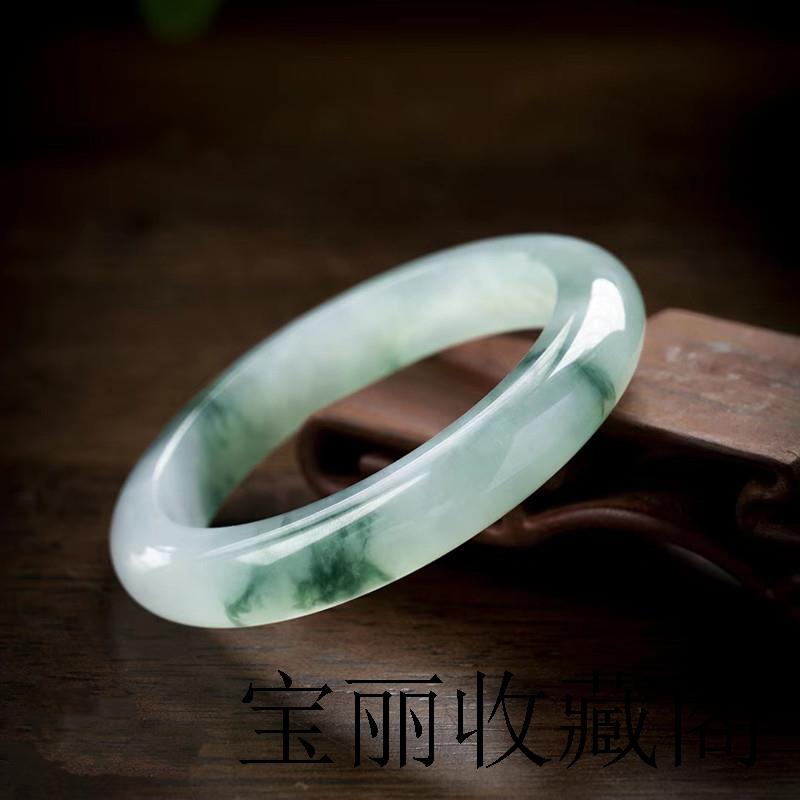 缅甸翡翠色手镯冰种牛奶底飘花玉镯子正圈平安镯真玉石手镯送母亲
