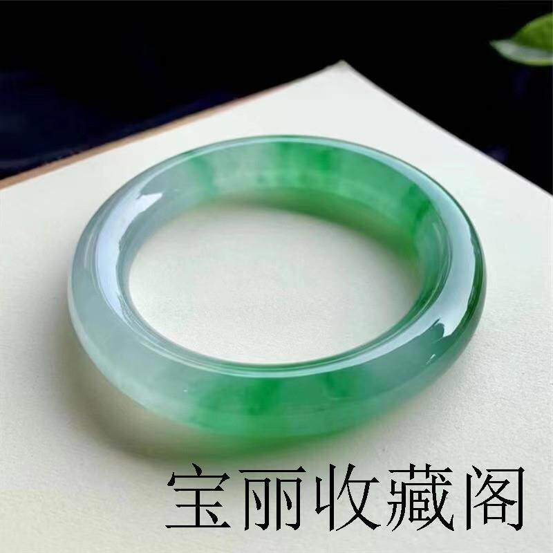 缅甸精选冰种飘花翡翠手镯高冰透粗细圆条正圈飘阳绿贵妃女士玉镯