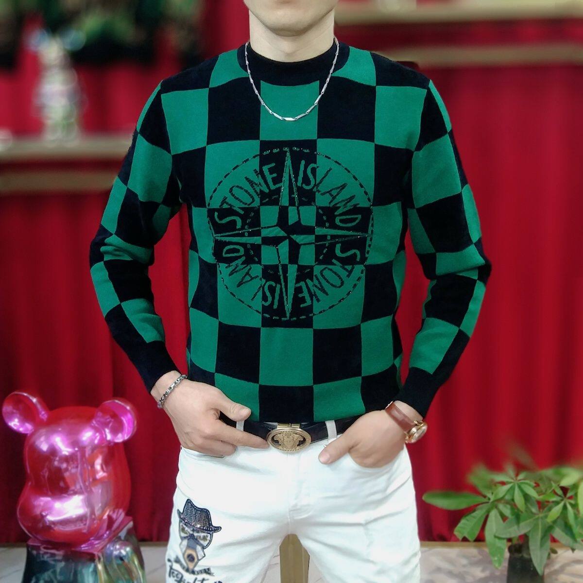 男士秋冬新款时尚帅气格子提花针织衫修身百搭圆领高弹保暖毛衣潮