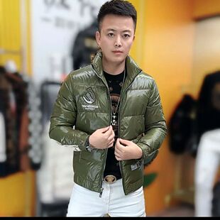 欧洲站冬季男士羽绒服潮牌休闲修身提花百搭立领白鸭绒羽绒外套男