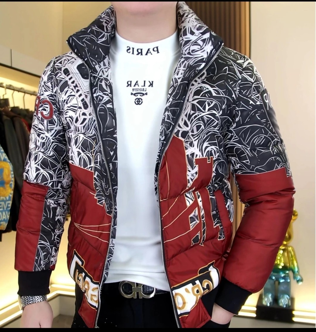 欧洲站男士印花羽绒服冬季新款时尚立领修身百搭白鸭绒保暖外套男