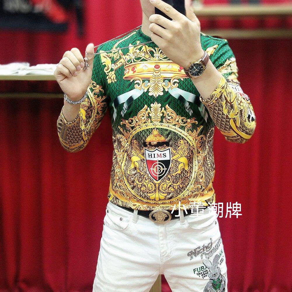 欧货2024 男士秋冬舒适柔软个性时尚印花皇冠休闲长袖德绒打底衫