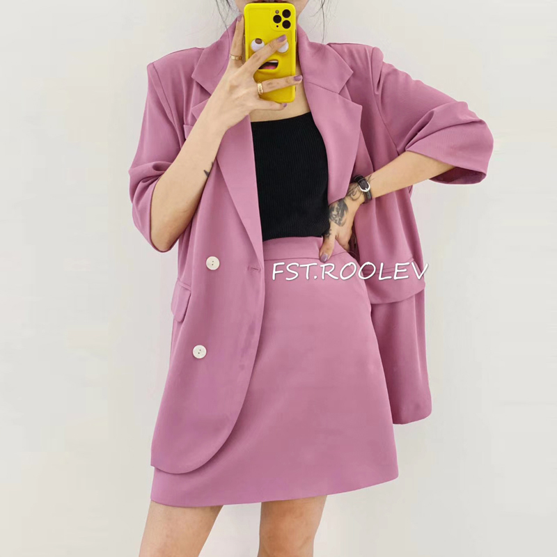 FST氛斯特粉色西服外套女式薄款韩版宽松休闲双排扣气质小众西服