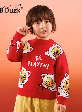 小黄鸭儿童红色印花针织衫毛衣冬季款男童拜年线衣女童洋气打底衫
