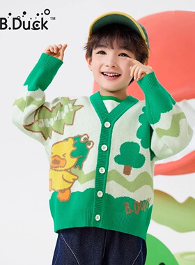 B.Duck小黄鸭男童单排扣开衫毛衣外套春秋儿童宝宝针织衫休闲上衣