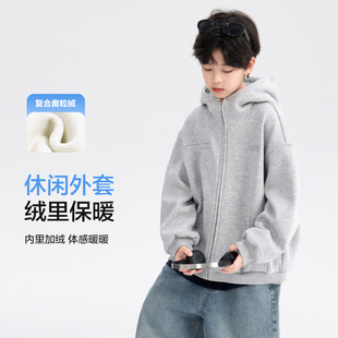 男童秋冬韩范运动连帽加绒外套2026新款儿童学生冬季加厚开衫卫衣
