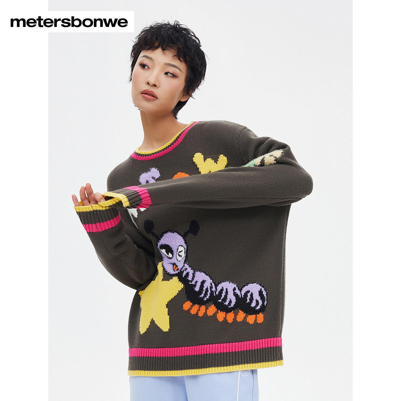 美特斯邦威时尚毛衣女春秋趣味图案提花设计百搭休闲宽松套头毛衫