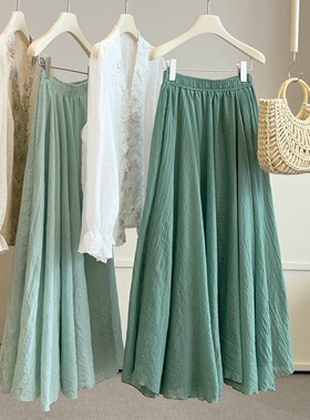 棉麻肌理感半身裙女夏季宽松遮胯显瘦简约度假风休闲大裙摆a字裙