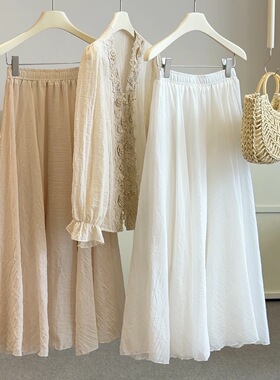 日系亚麻绉绉棉肌理感半身裙女夏季松紧腰飘逸带内衬a字大摆伞裙
