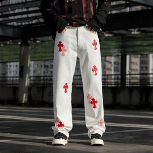 2025新款 潮牌高街直筒裤 秋季 宽松情侣款 男女同款 十字架刺绣牛仔裤