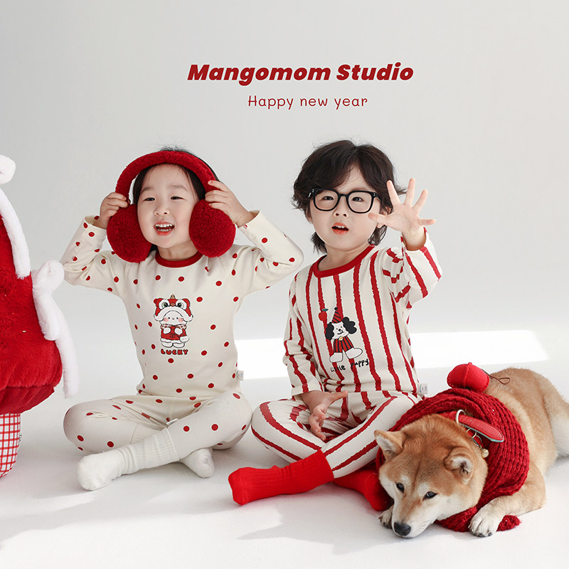 儿童纯棉新年装家居服宝宝本命年保暖内衣套装男女童红色秋衣秋裤
