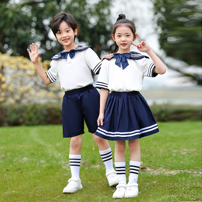 新款幼儿园园服夏季套装男女童海军风短袖毕业校服儿童运动会服装