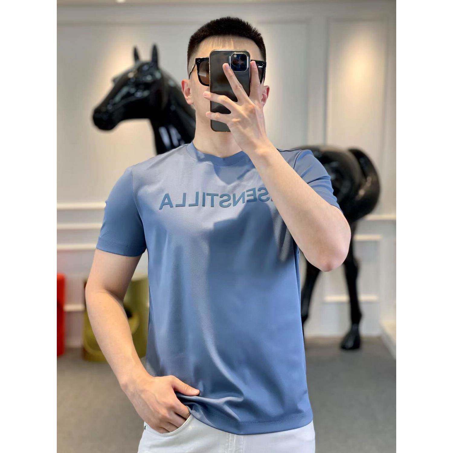 欧洲站定制高端字母简约t纯色短袖男士修身时尚印花免熨烫冰丝T恤