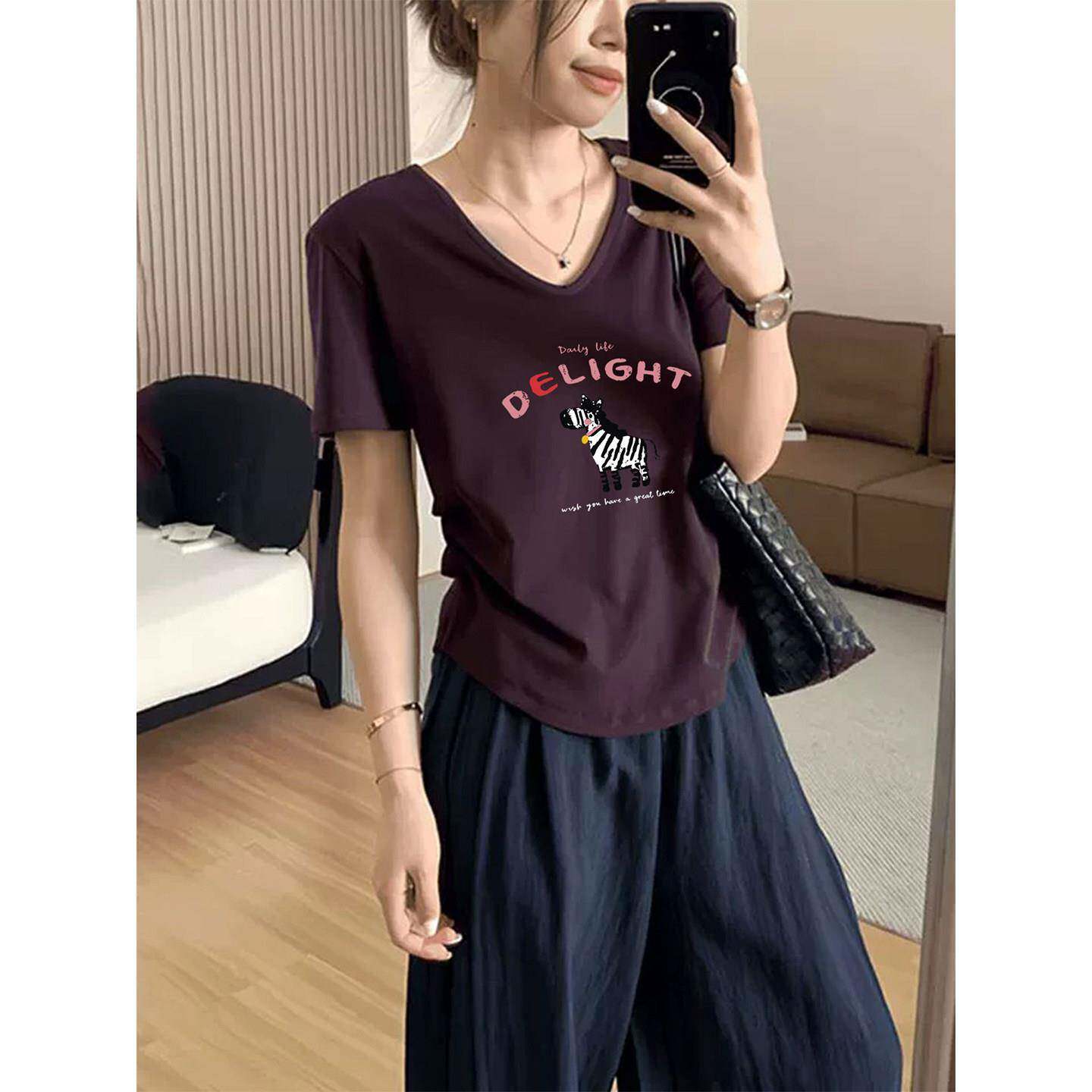 韩国高级感乌梅紫色正肩V领纯棉短袖t恤女时尚百搭减龄洋派上衣夏