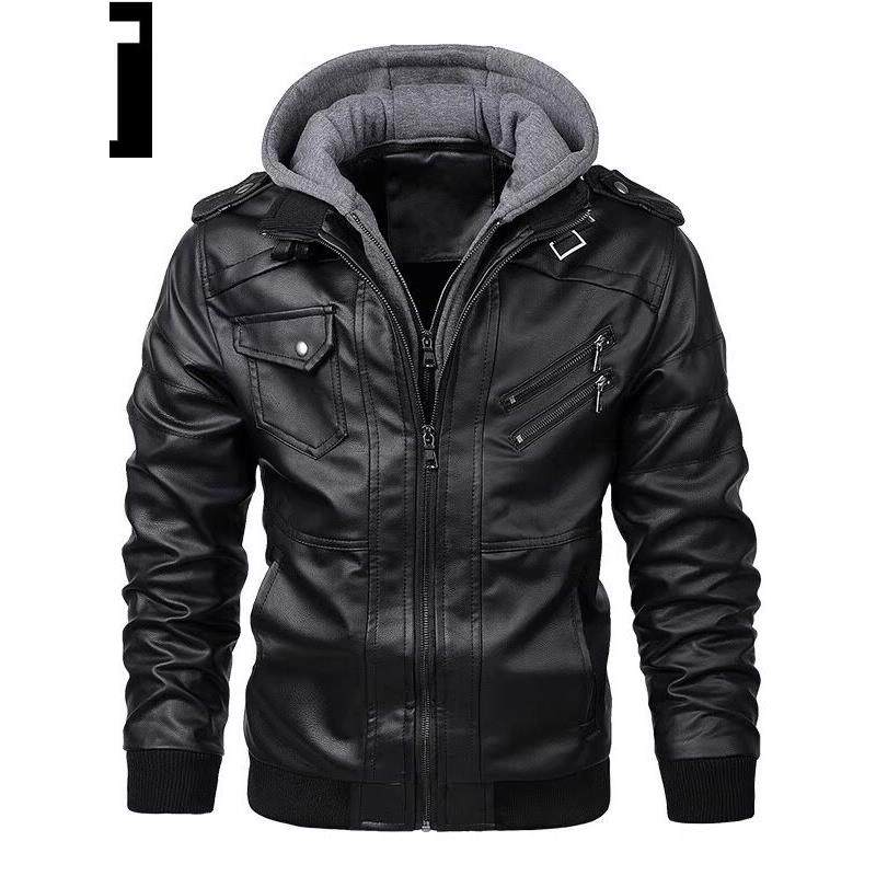 欧美大码连帽真皮皮衣男秋冬季痞帅风骑行机车服夹克加棉加厚外套