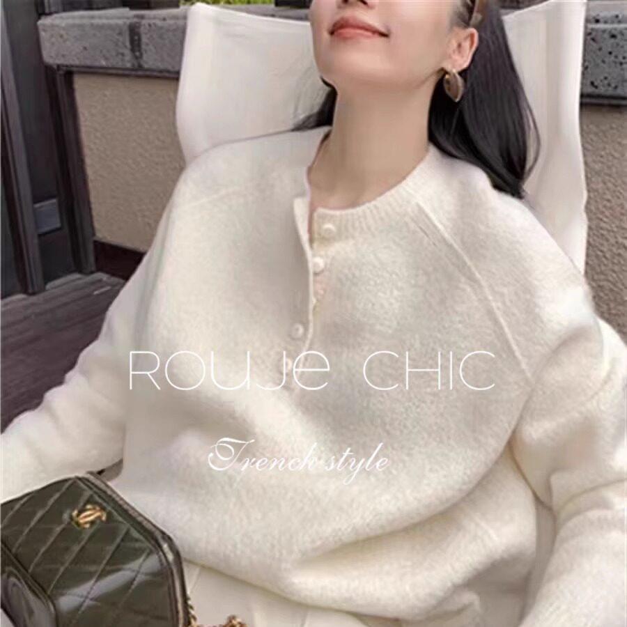 法国rouje chic法式白色肌理感宽松慵懒感针织衫毛衣女2025年秋季