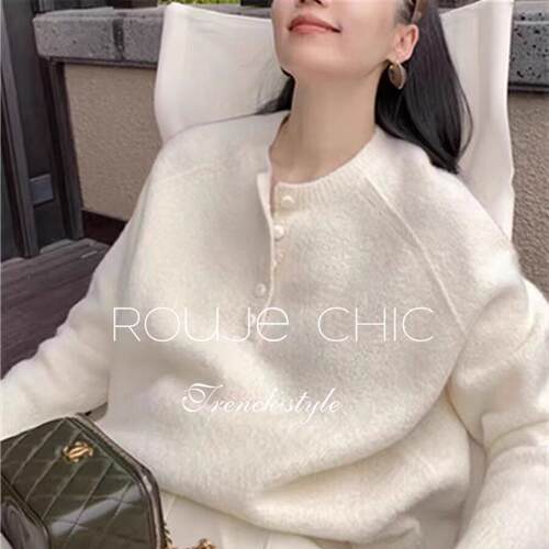 法国rouje chic法式白色肌理感宽松慵懒感针织衫毛衣女2025年秋季