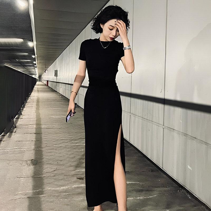 欧洲站2026新款简单大方修身显瘦赫本轻奢长裙法式黑色夏季洋装