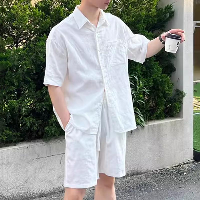 Upscale潮人 老钱风白色亚麻防晒短袖衬衫套装男士夏日穿搭棉麻上