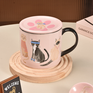 PiaJi 粉色猫猫马克杯女生可爱杯子带盖水杯办公室咖啡杯陶瓷杯